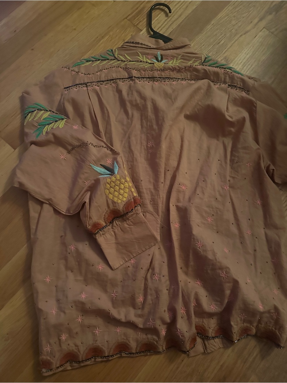 Embroidered Pineapple Button-Up Shirt in Dusty Rose - Picture 3 of 3